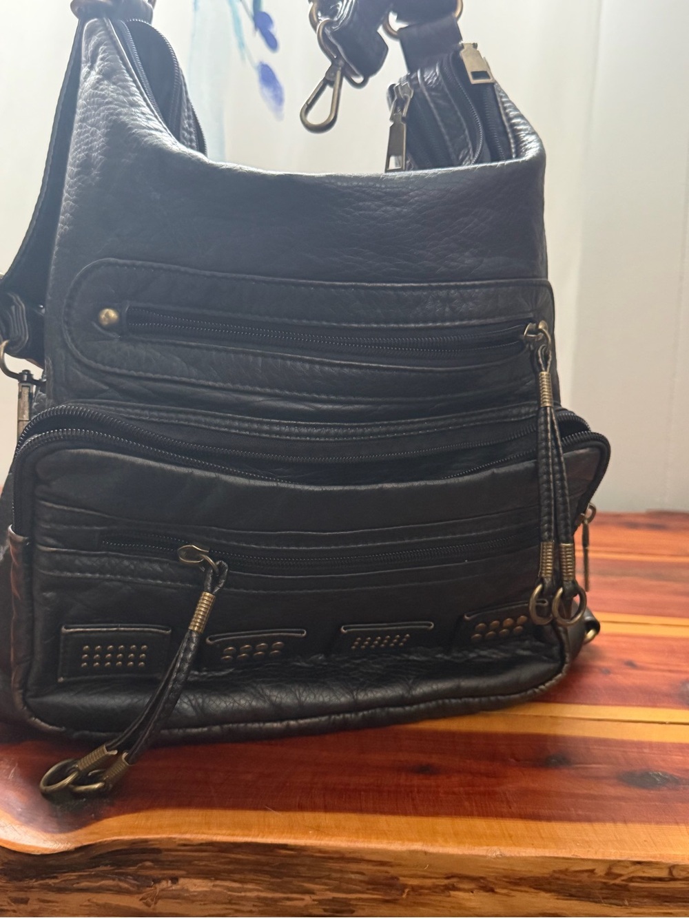 Black Pleather Multi-Zip Shoulder Bag